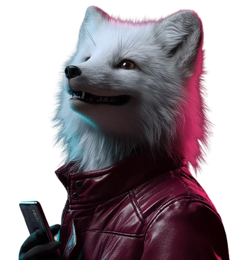 Lachender Polarfuchs in pinker Lederjacke mit Smartphone – Symbol für unseren bewährten Prozess