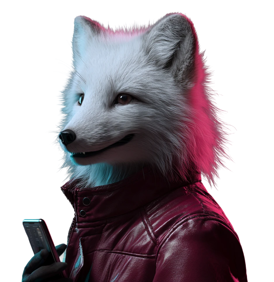 Lachender Polarfuchs im linken Profil mit Lederjacke und Smartphone – Symbol für smarte Vorteile für Ihr Business
