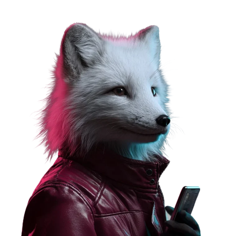 Polarfuchs in pinker Lederjacke mit Smartphone – Symbol für Branchen ohne BAFA-Zuschuss