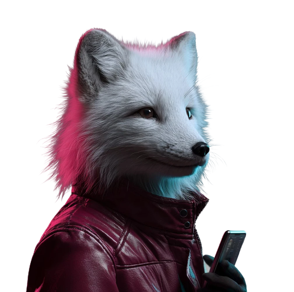 Polarfuchs in pinker Lederjacke mit Smartphone – Symbol für Branchen ohne BAFA-Zuschuss