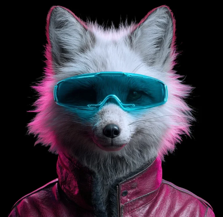 Weißer Polarfuchs mit blauer Brille und pinker Lederjacke